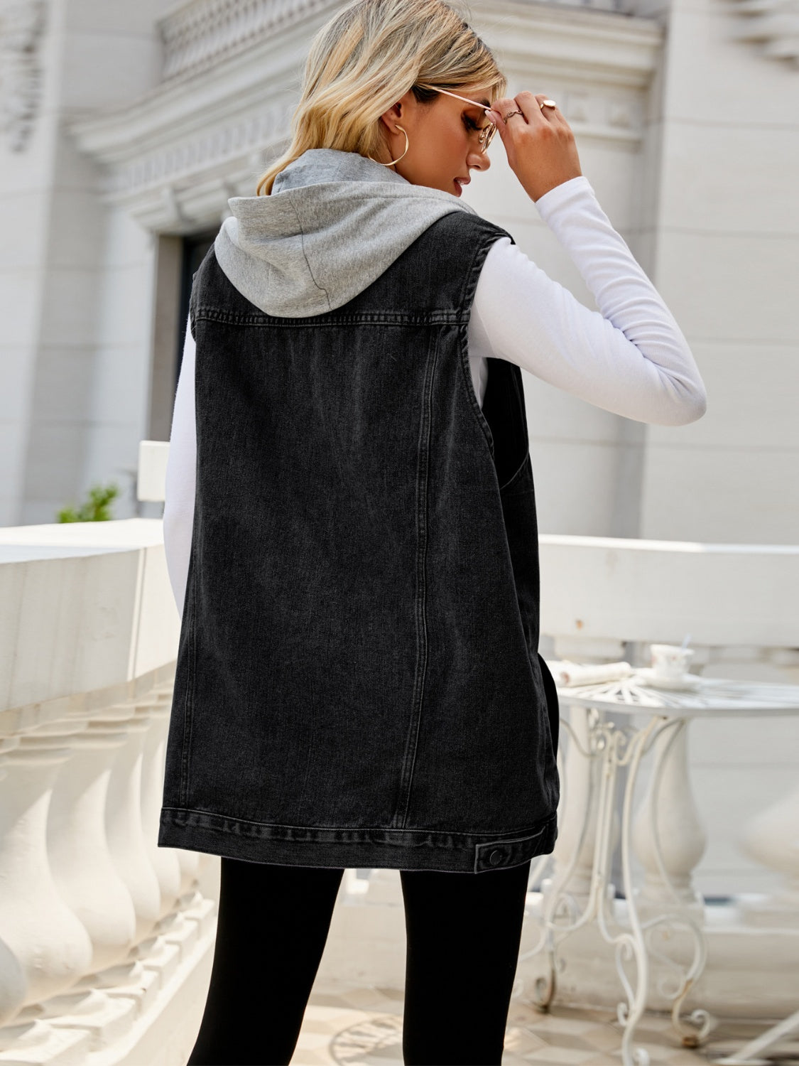 Honeybee Mumford's Drawstring Pocketed Button Up Sleeveless Denim Jacket