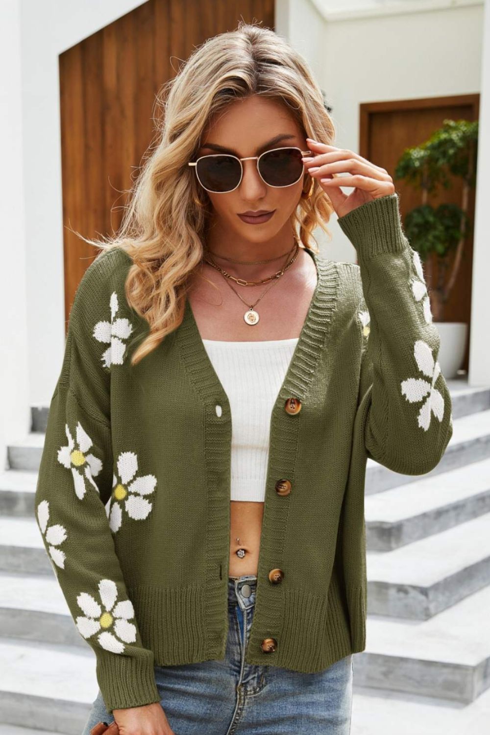 Honeybee Mumford's Floral Ribbed Trim Drop Shoulder Cardigan