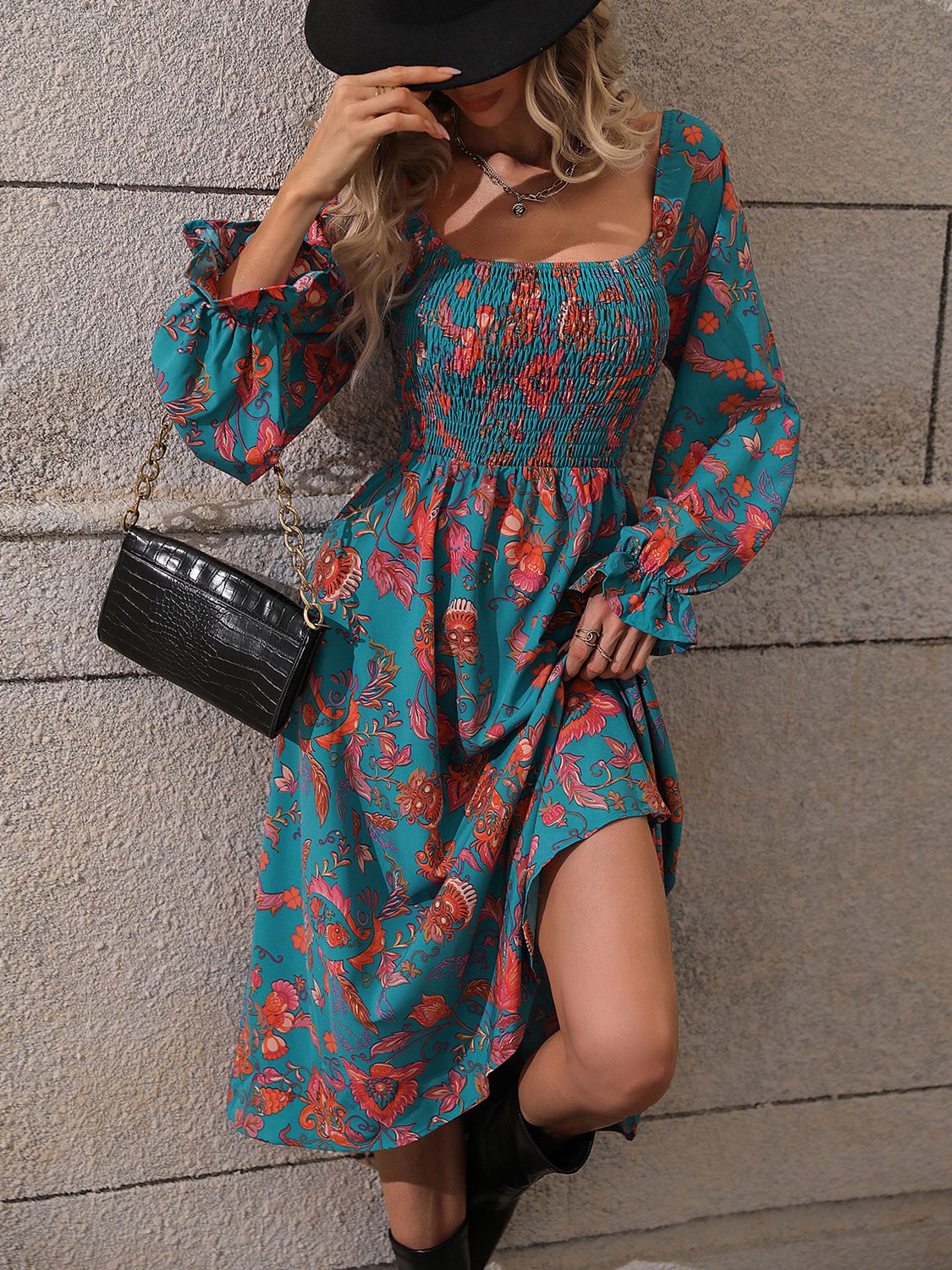 Honeybee Mumford's Printed Square Neck Flounce Sleeve Dress