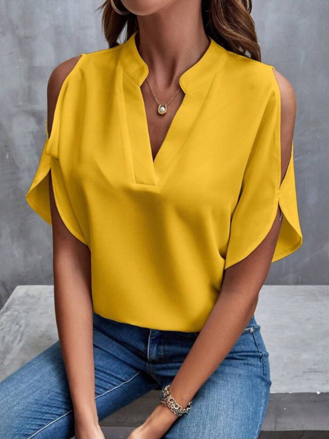 Honeybee Mumford's Notched Cold Shoulder Half Sleeve Blouse