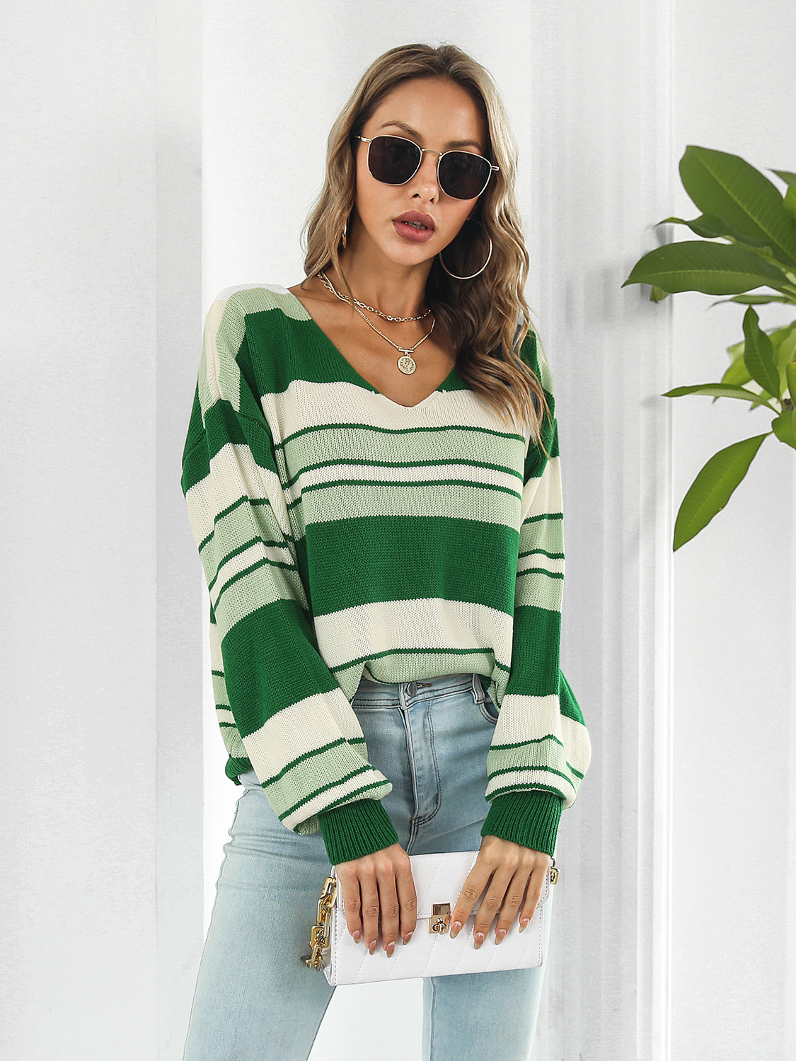 Honeybee Mumford's Striped V-Neck Long Sleeve Knit Top