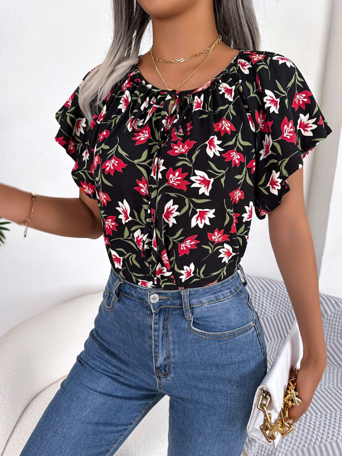 Honeybee Mumford's Floral Tie Neck Flutter Sleeve Blouse