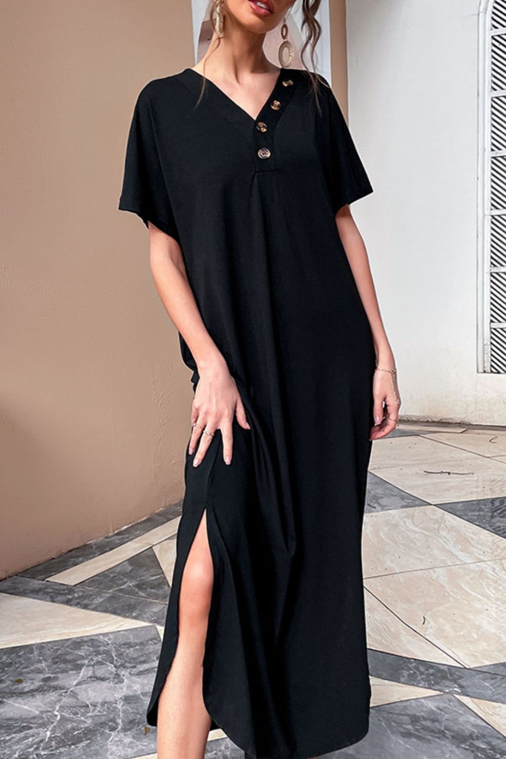 Honeybee Mumford's Decorative Button V-Neck Slit Maxi Dress