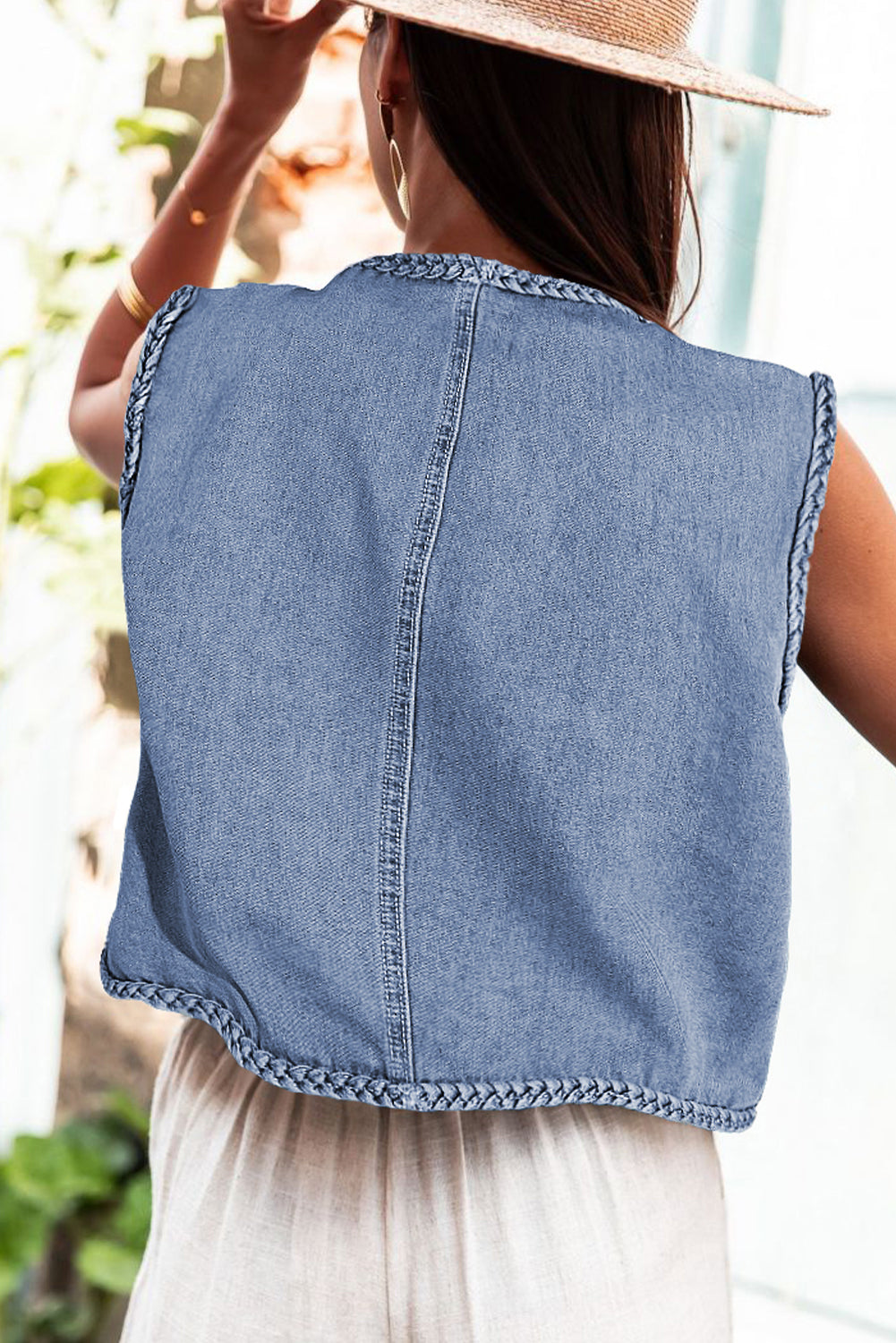 Honeybee Mumford's Ashleigh Blue Braided Trim Pocketed Denim Vest