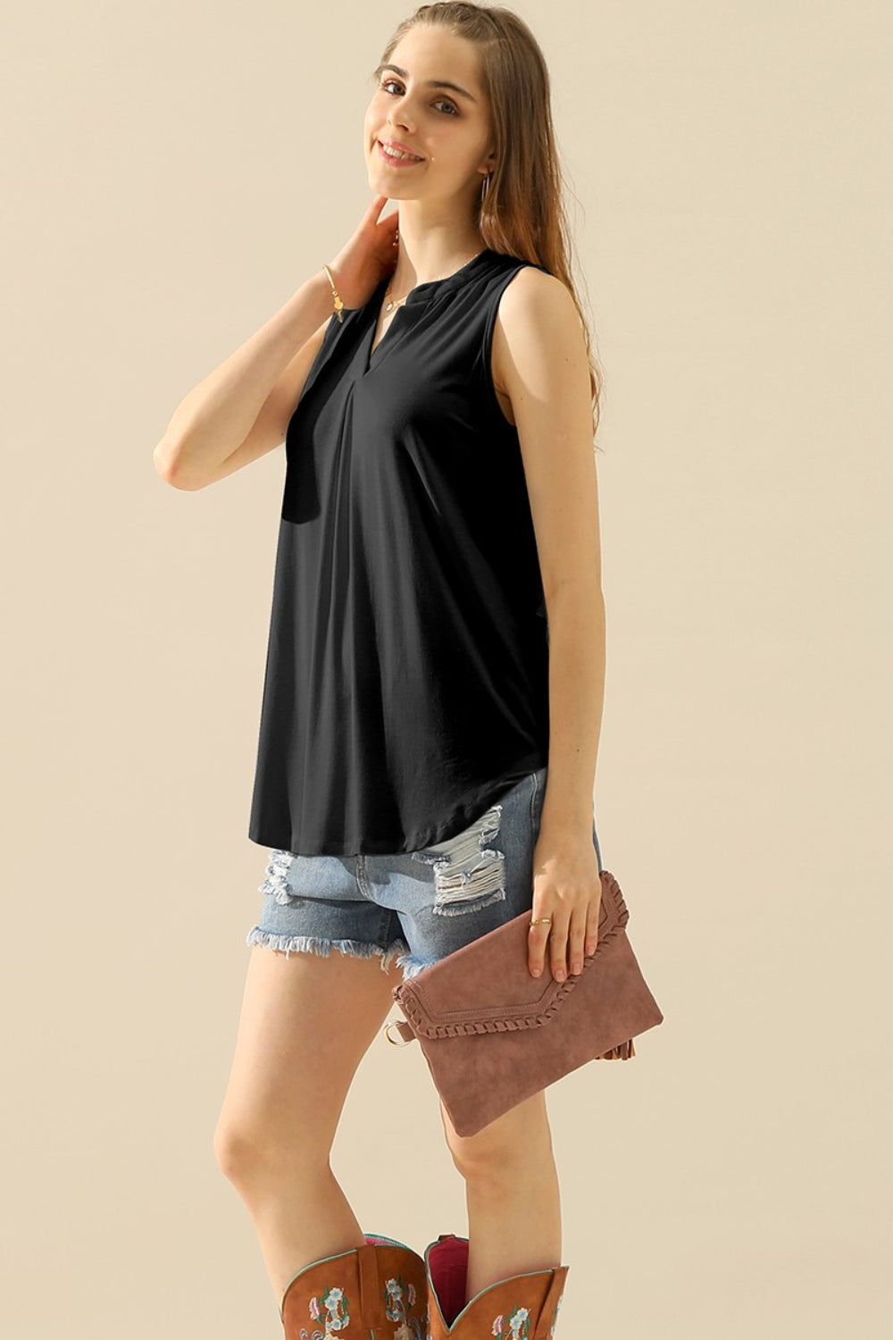 Honeybee Mumford's Full Size Notched Sleeveless Top