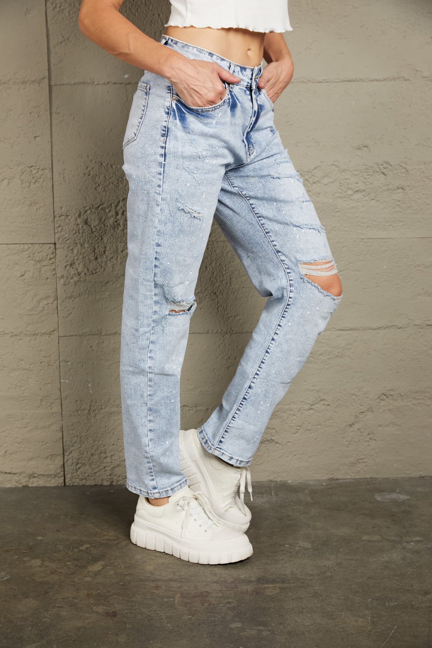 Honeybee Mumford's Splatter Distressed Acid light blue Wash Jeans with Pockets