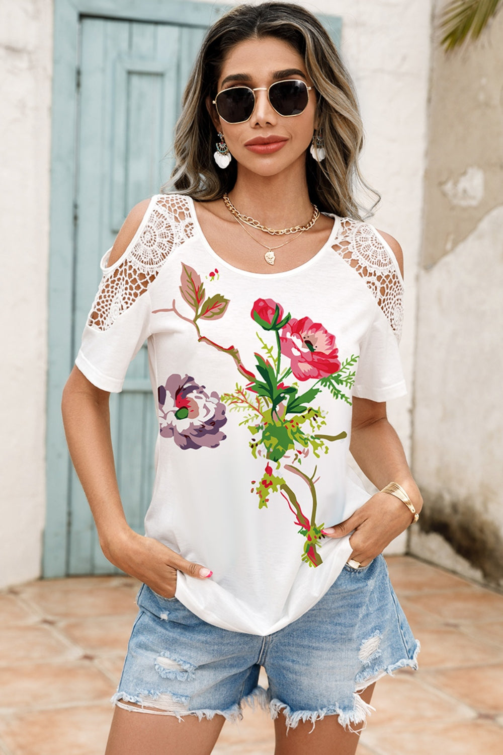 Honeybee Mumford's Lace Detail Round Neck Cold Shoulder Blouse