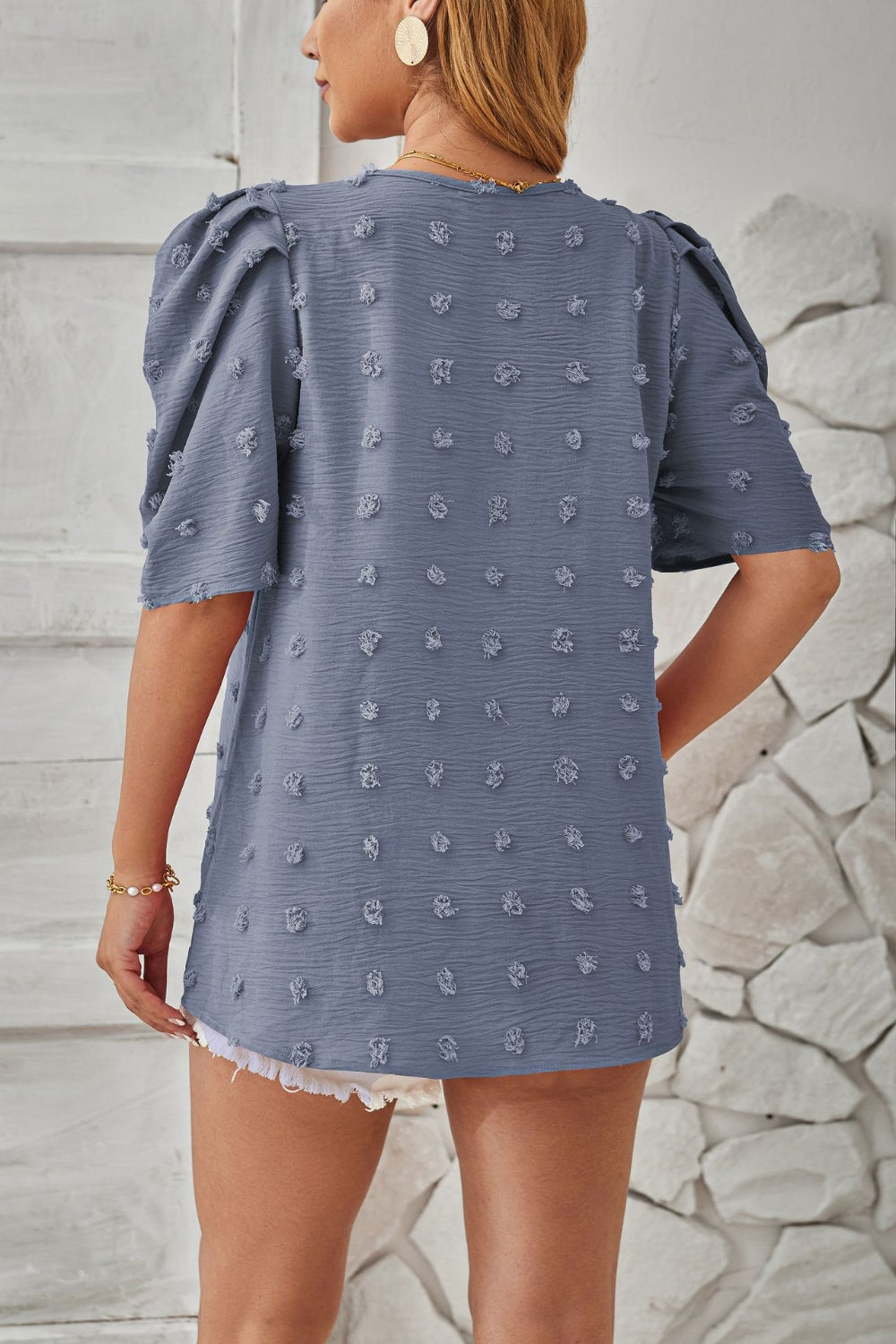 Honeybee Mumford's Swiss Dot Round Neck Short Sleeve Blouse