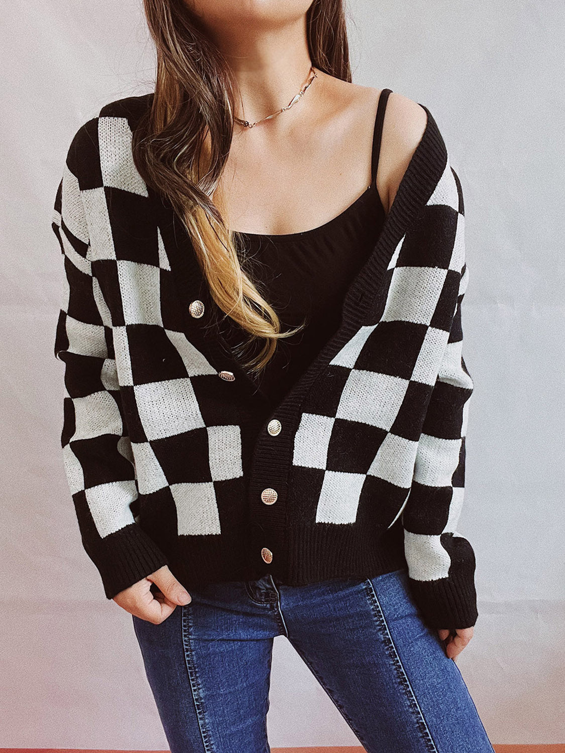 Honeybee Mumford's Checkered Open Front Button Up Cardigan