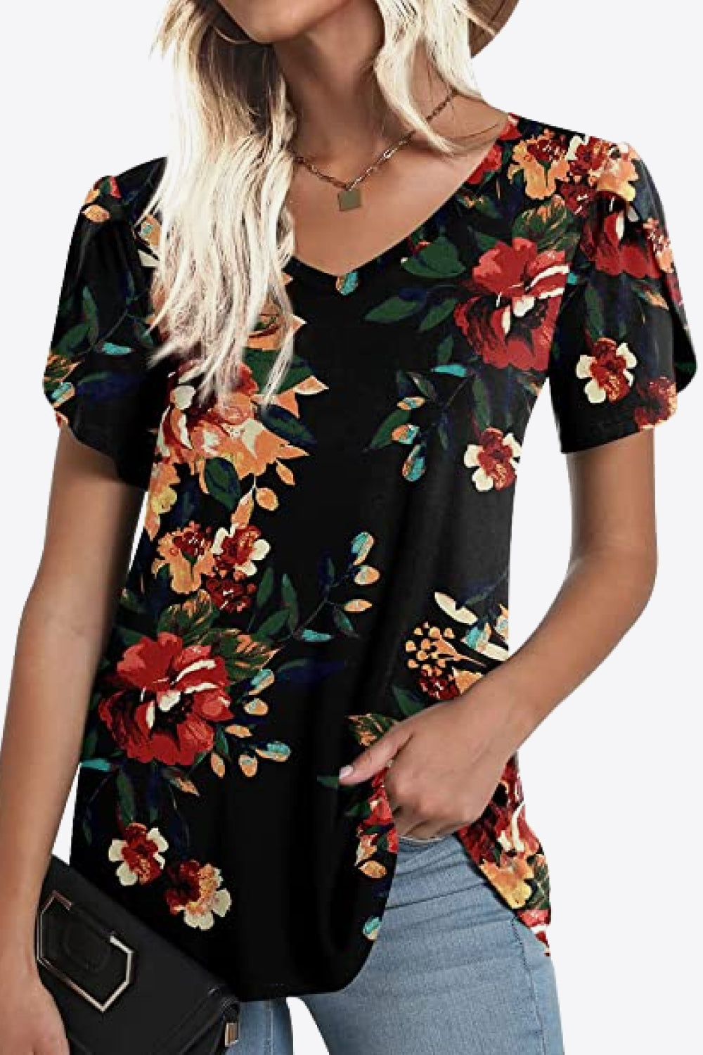 Honeybee Mumford's Printed Petal Sleeve V-Neck Blouse