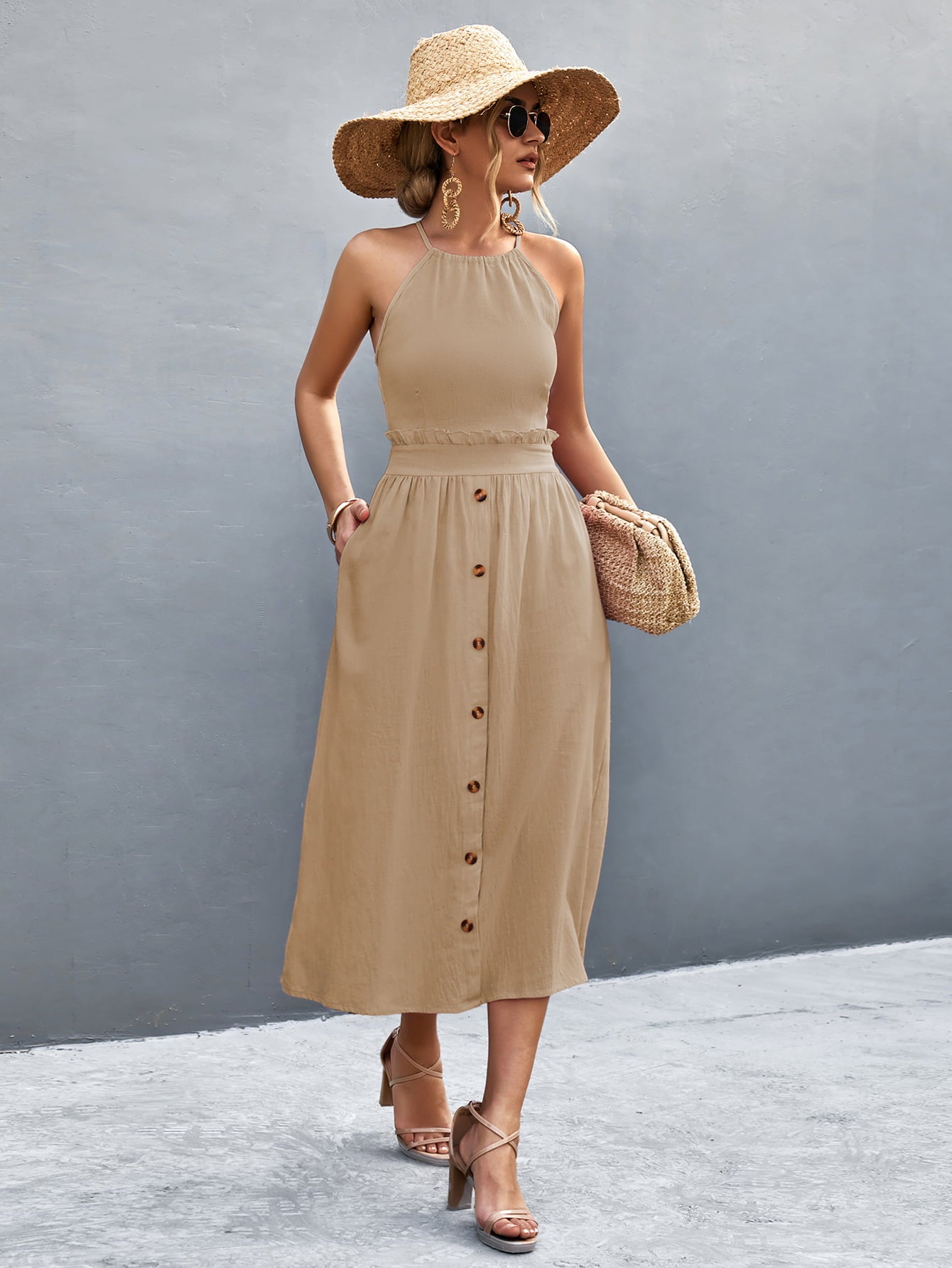 Honeybee Mumford's Buttoned Halter Neck Frill Trim Midi Dress