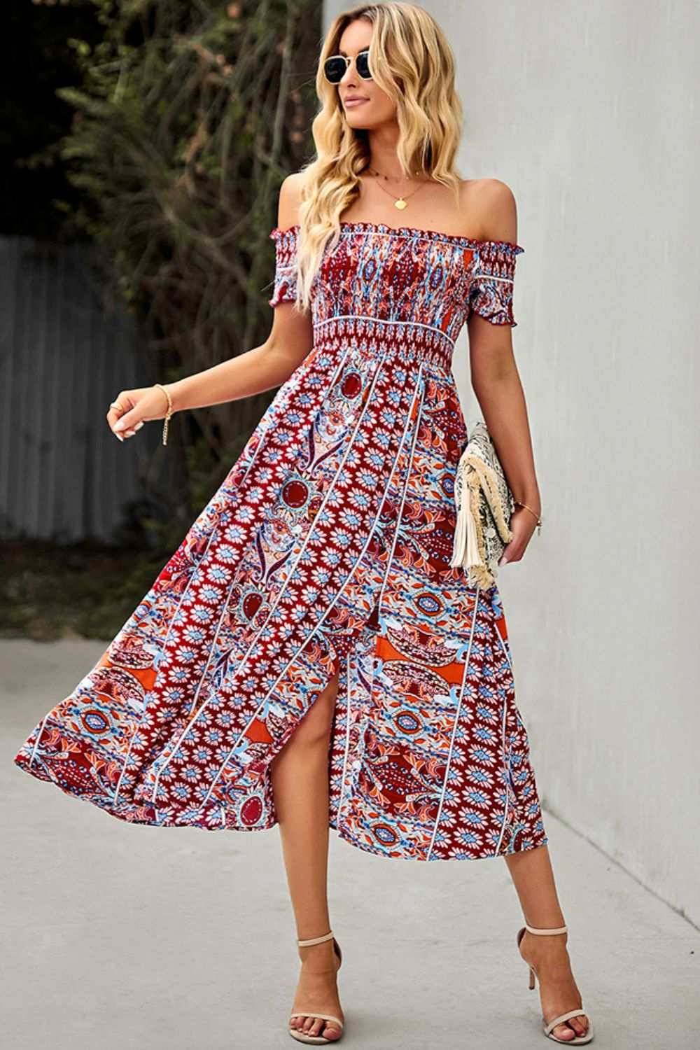 Honeybee Mumford's Casual Bohemian Off-Shoulder Frill Trim Split Dress