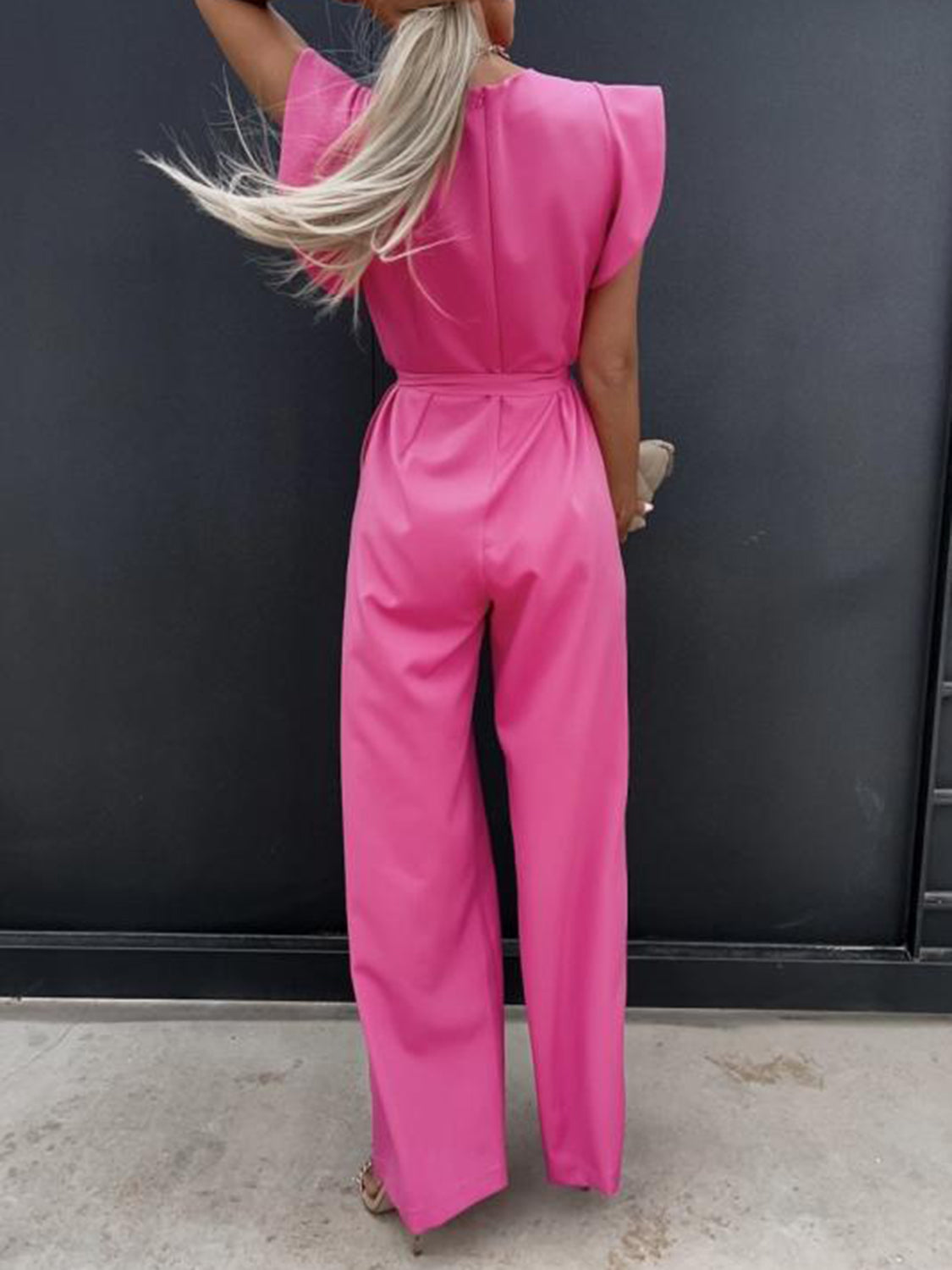 Honeybee Mumford's Ruffled Round Neck Cap Sleeve Jumpsuit