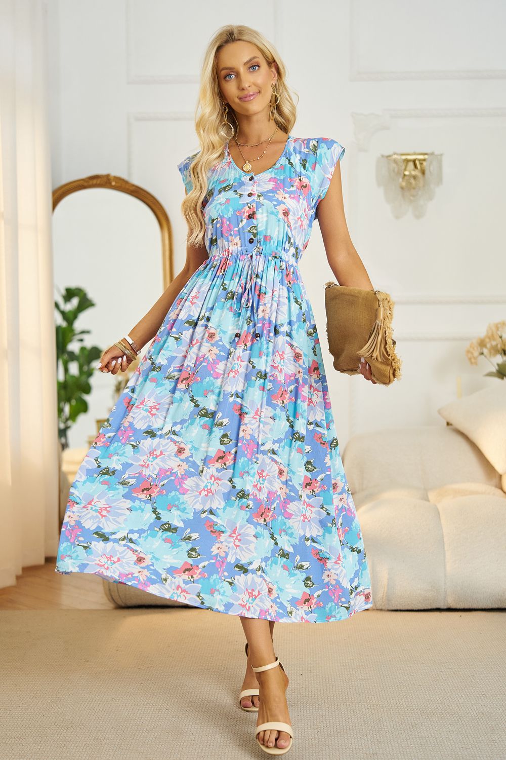 Honeybee Mumford's Floral V-Neck A-Line Midi Dress