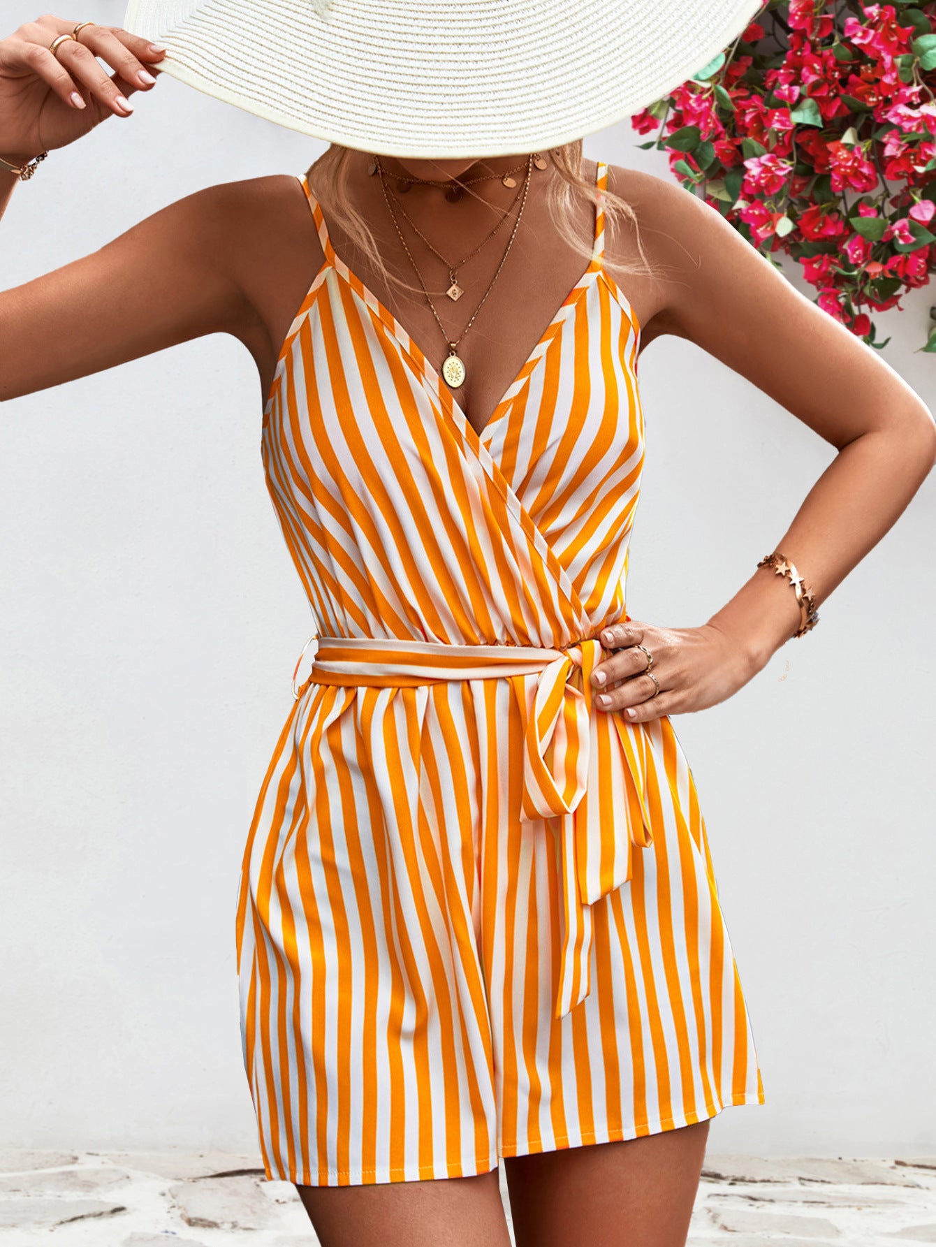 Honeybee Mumford's Striped Tie Waist Spaghetti Strap Romper