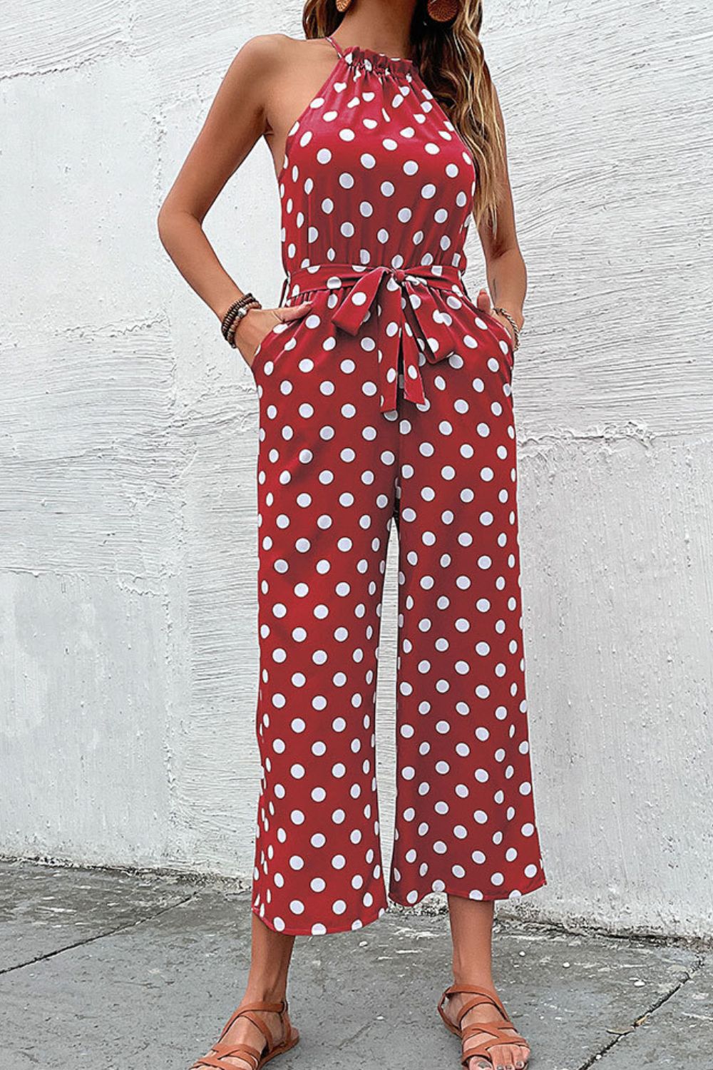 Honeybee Mumford's Polka Dot Grecian Wide Leg Jumpsuit