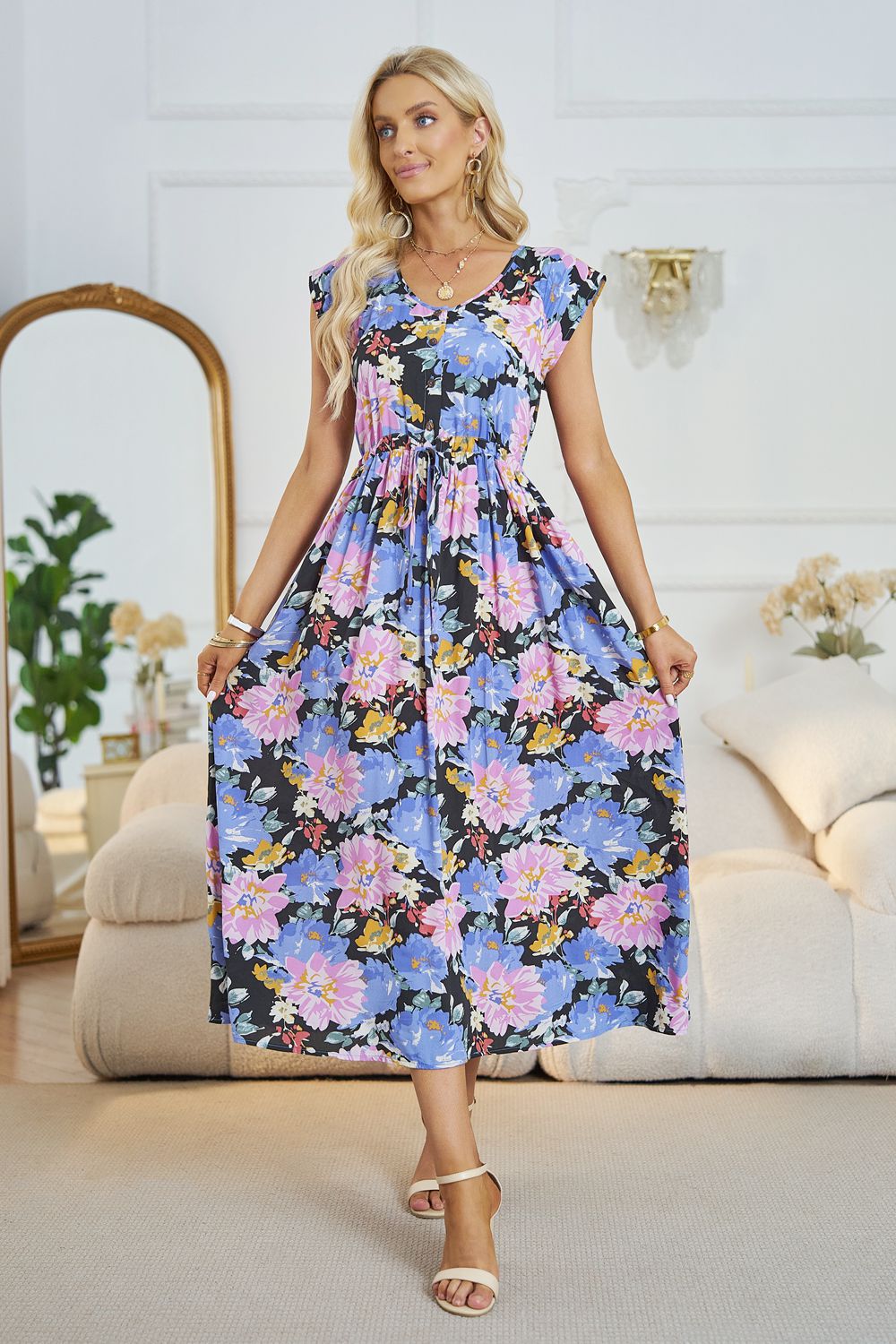 Honeybee Mumford's Floral V-Neck A-Line Midi Dress