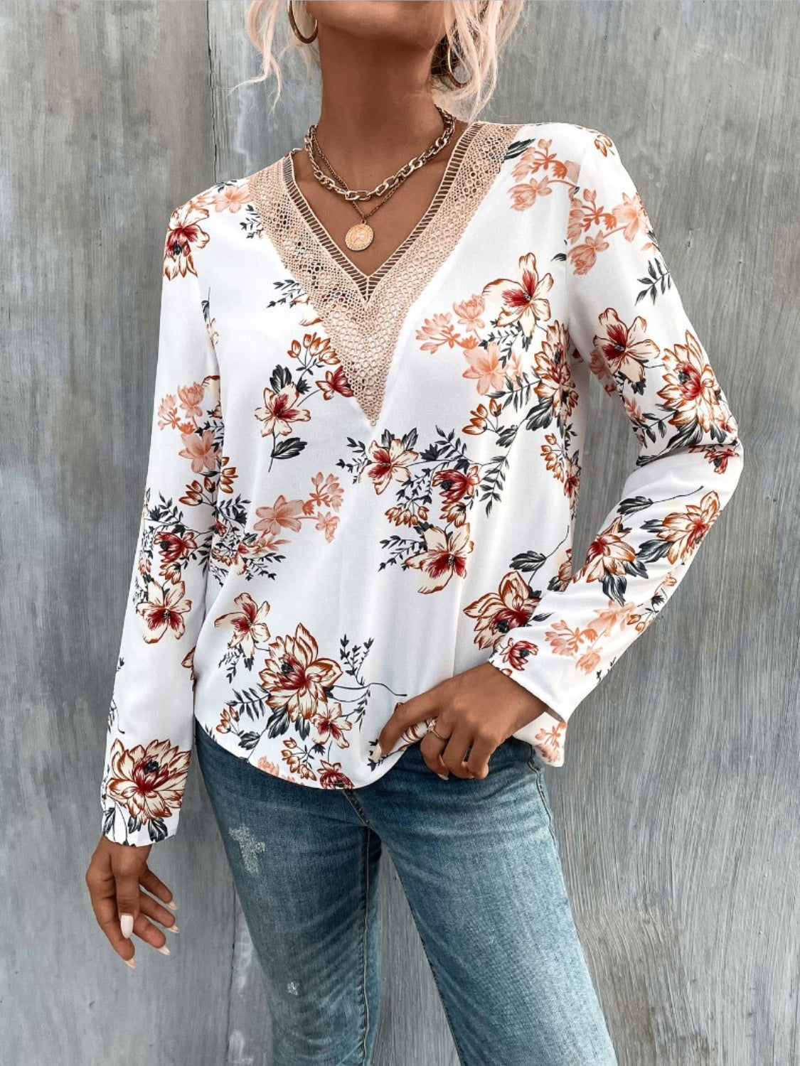 Honeybee Mumford's Printed V-Neck Long Sleeve Blouse