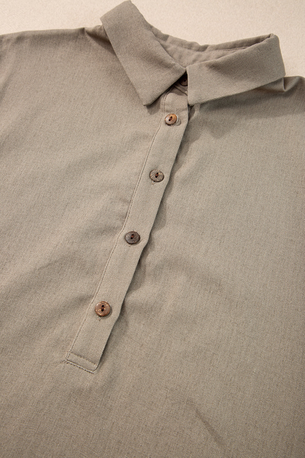 honeybee Mumford's Taupe Collared Half Buttons Folded Short Sleeve Oversize Top