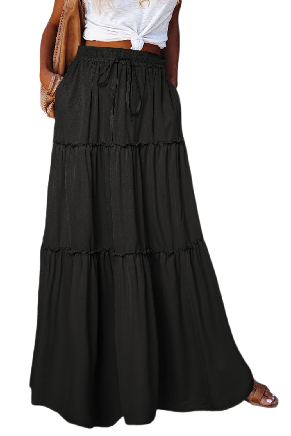 Honeybee Mumford's Black Frill Tiered Drawstring Waist Maxi Skirt