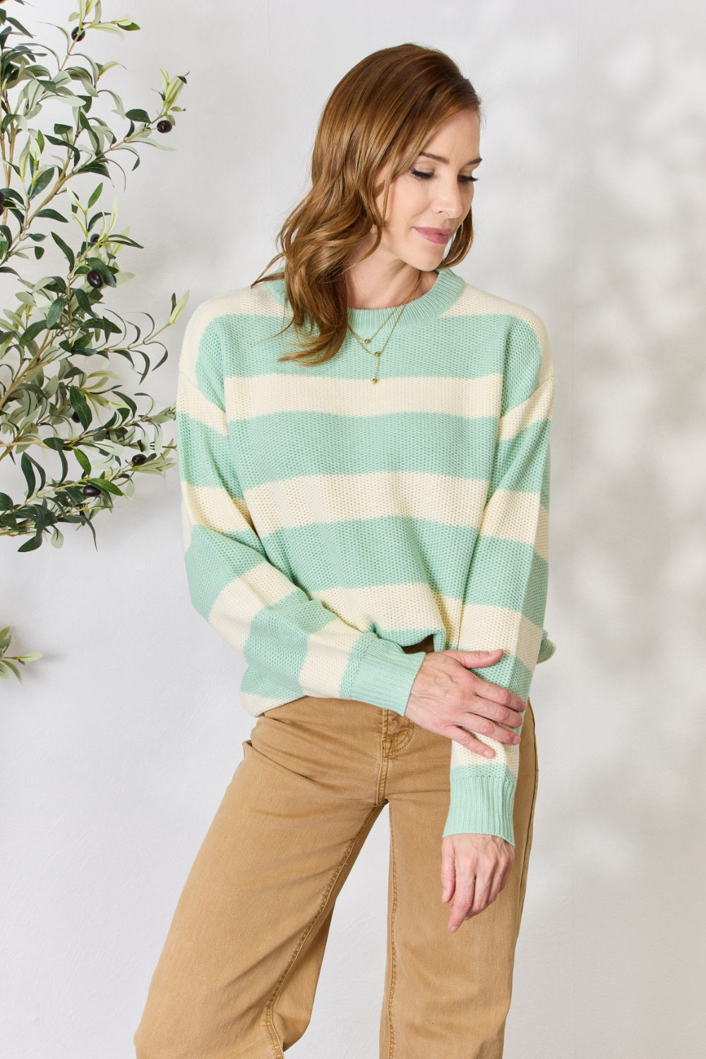 Honeybee Mumford's Sew In Love Full Size Contrast Striped Round Neck Sweater