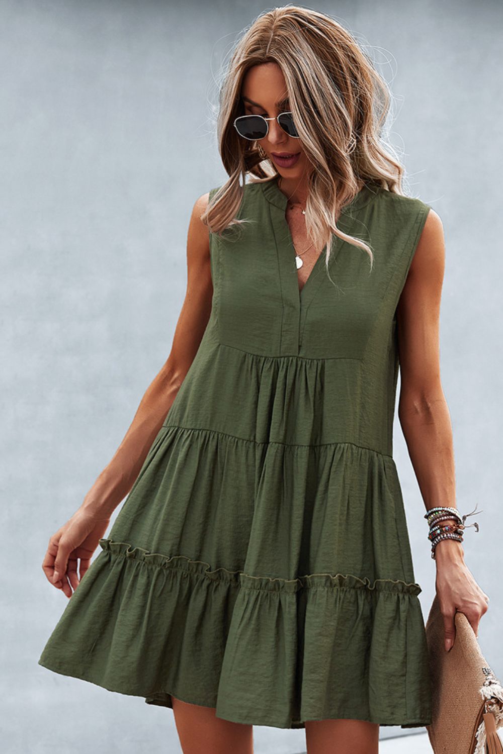 Honeybee Mumford's Frill Trim Notched Sleeveless Tiered Dress