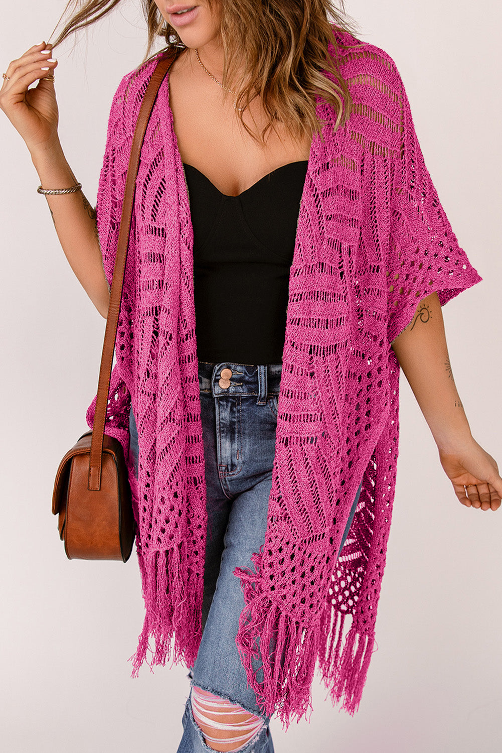 Honeybee Mumford's Openwork Open Front Cardigan with Fringes