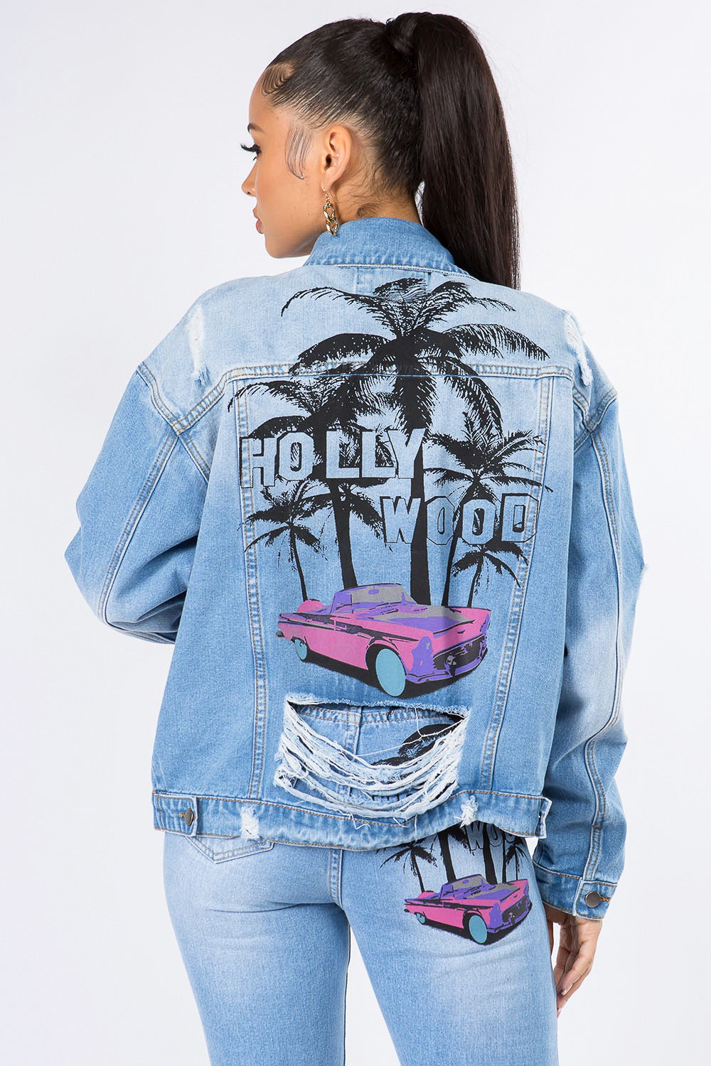 Honeybee Mumford's Graphic Distressed Long Sleeve Denim Jacket