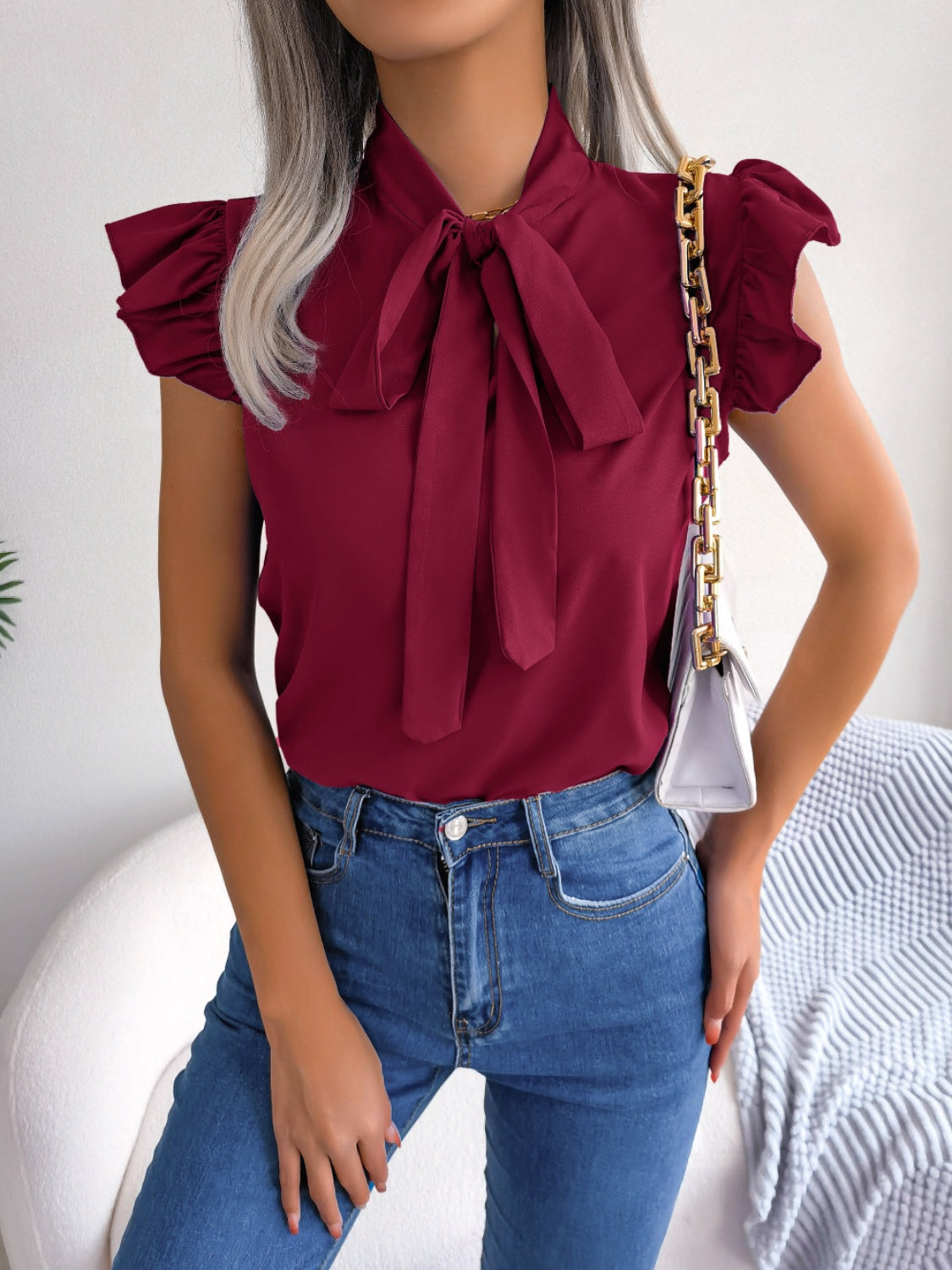 Honeybee Mumford's Tie Neck Cap Sleeve Blouse