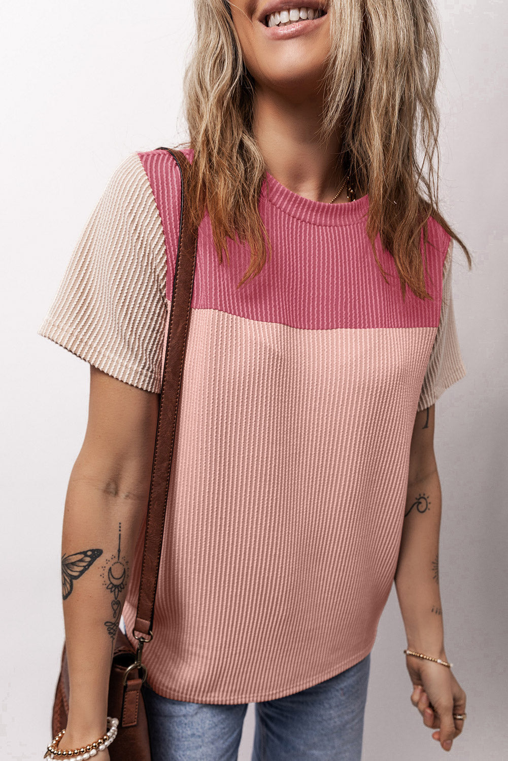 Honeybee Mumford's Pink Rib Textured Colorblock T Shirt