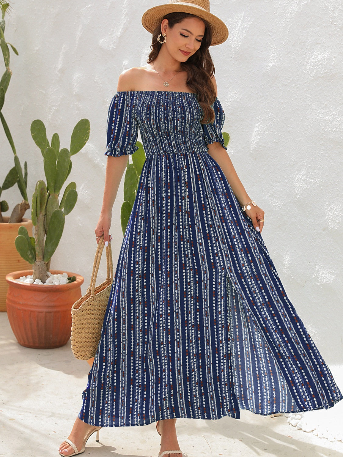 Honeybee Mumford's Slit Printed Short Sleeve Maxi Dress