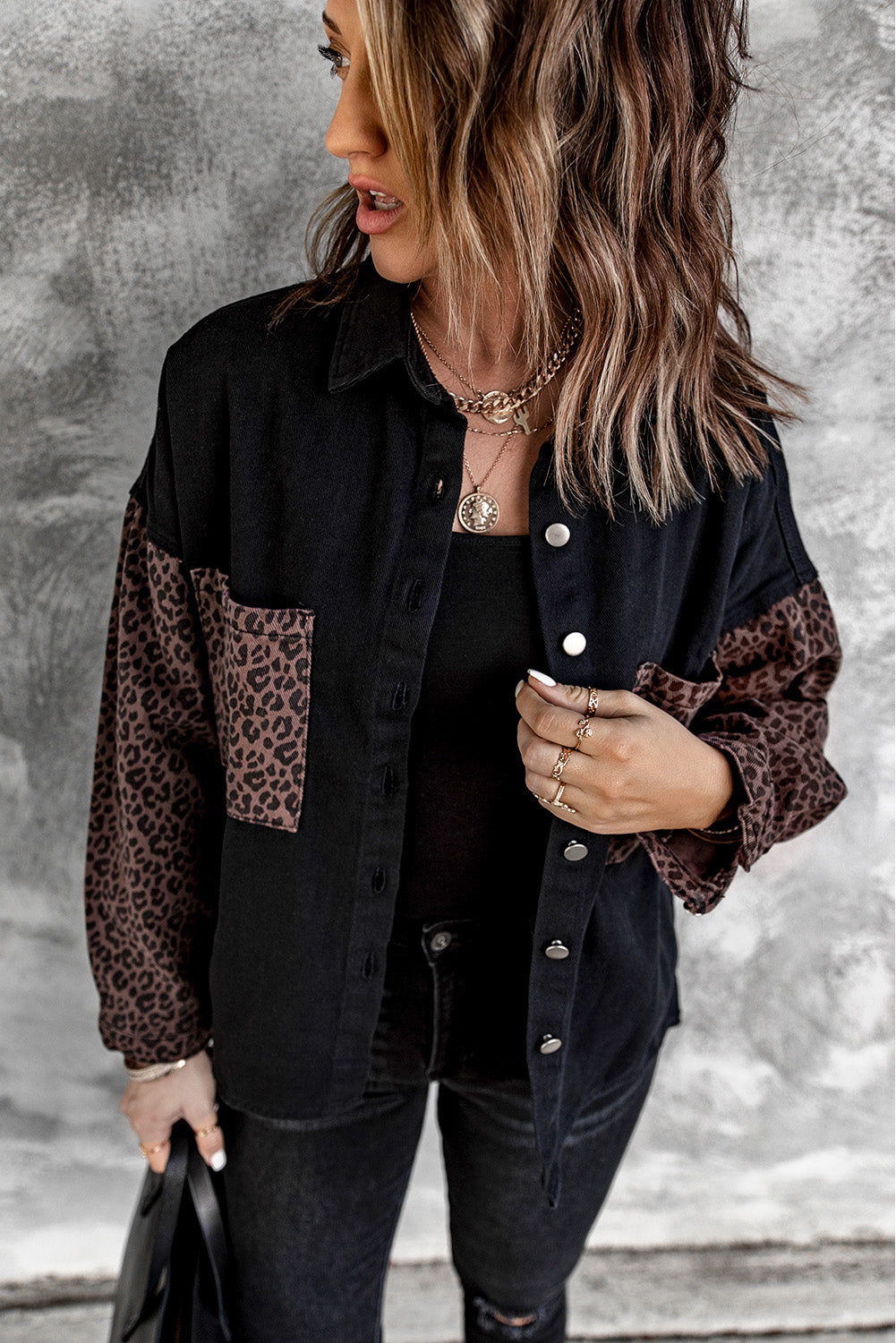 Honeybee Mumford's Black Contrast Leopard Denim Jacket