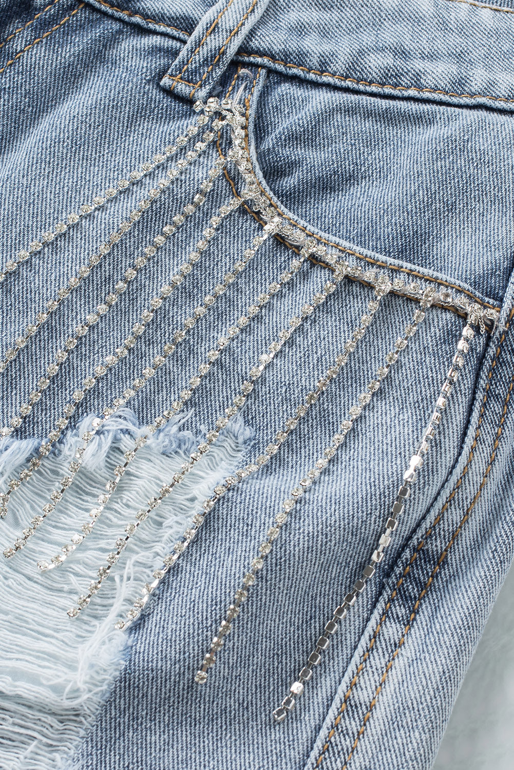 Honeybee Mumford's Sky Blue Rhinestone Tassel Distressed Denim Shorts