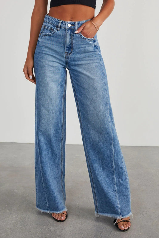 Honeybee Mumford's Raw Hem Wide Leg Jeans with Pockets