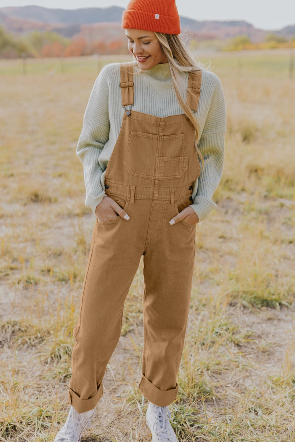 Honeybee Mumford's Khaki Vintage Multi Pockets Buckle Strap Cargo Denim Overalls