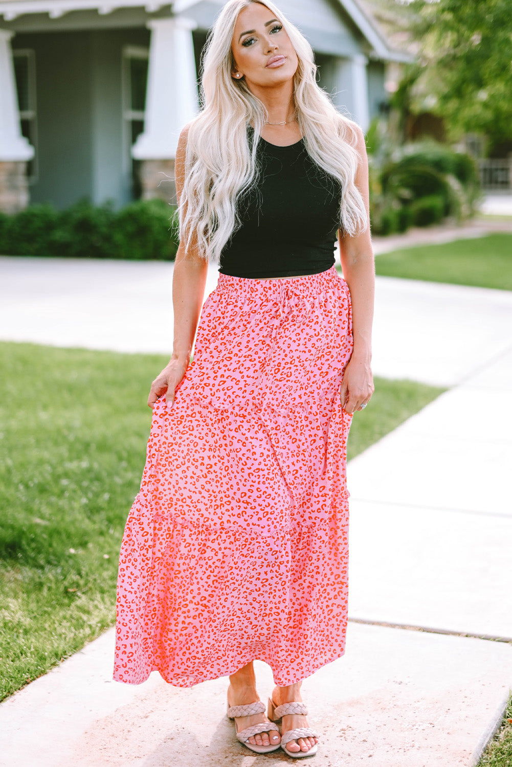 Honeybee Mumford's Pink Leopard Print Frilled Drawstring High Waist Maxi Skirt