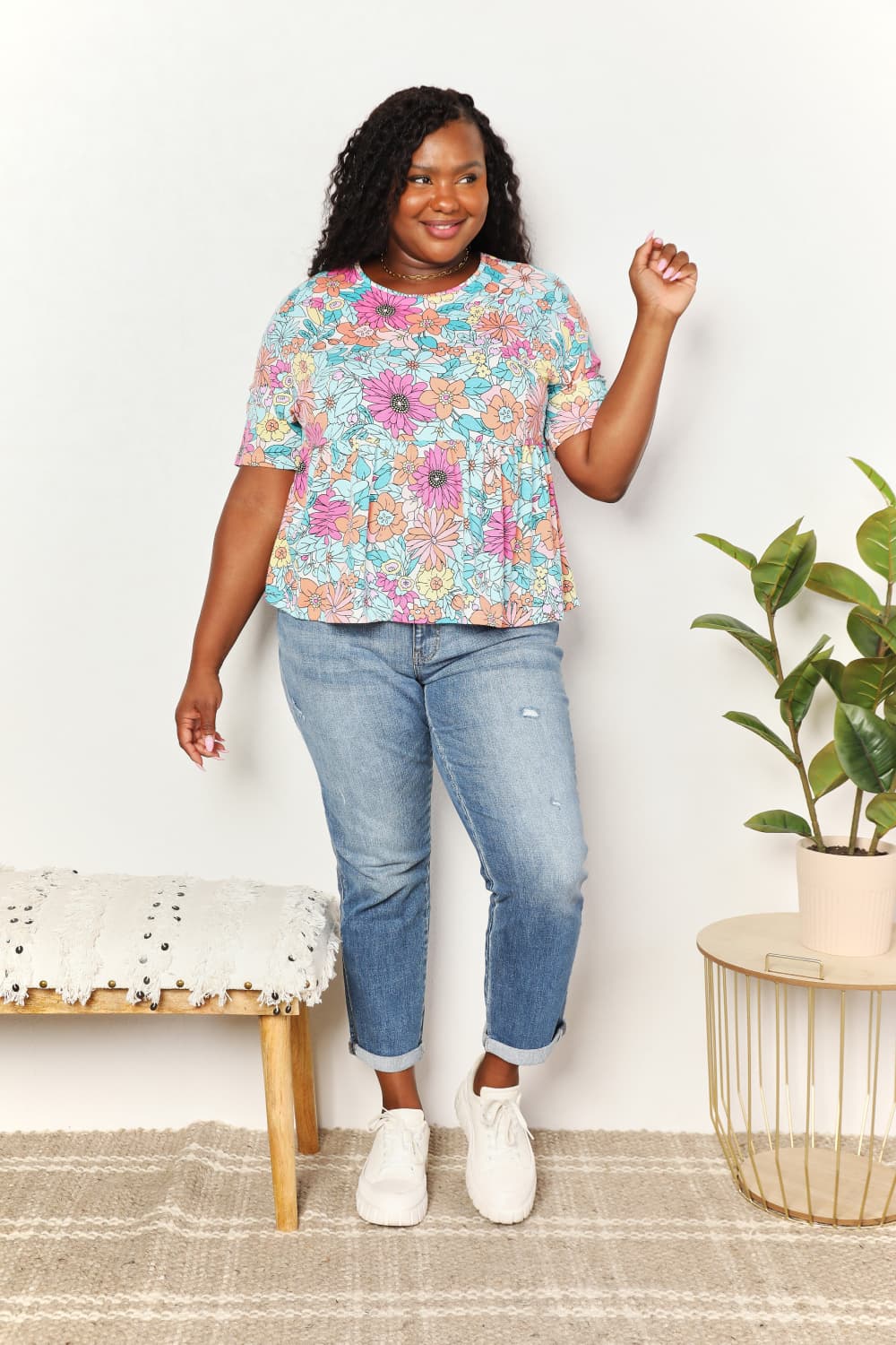 Honeybee Mumford's Floral Round Neck Babydoll Top