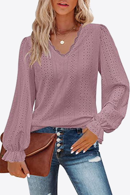 Honeybee Mumford's Eyelet V-Neck Flounce Sleeve Blouse