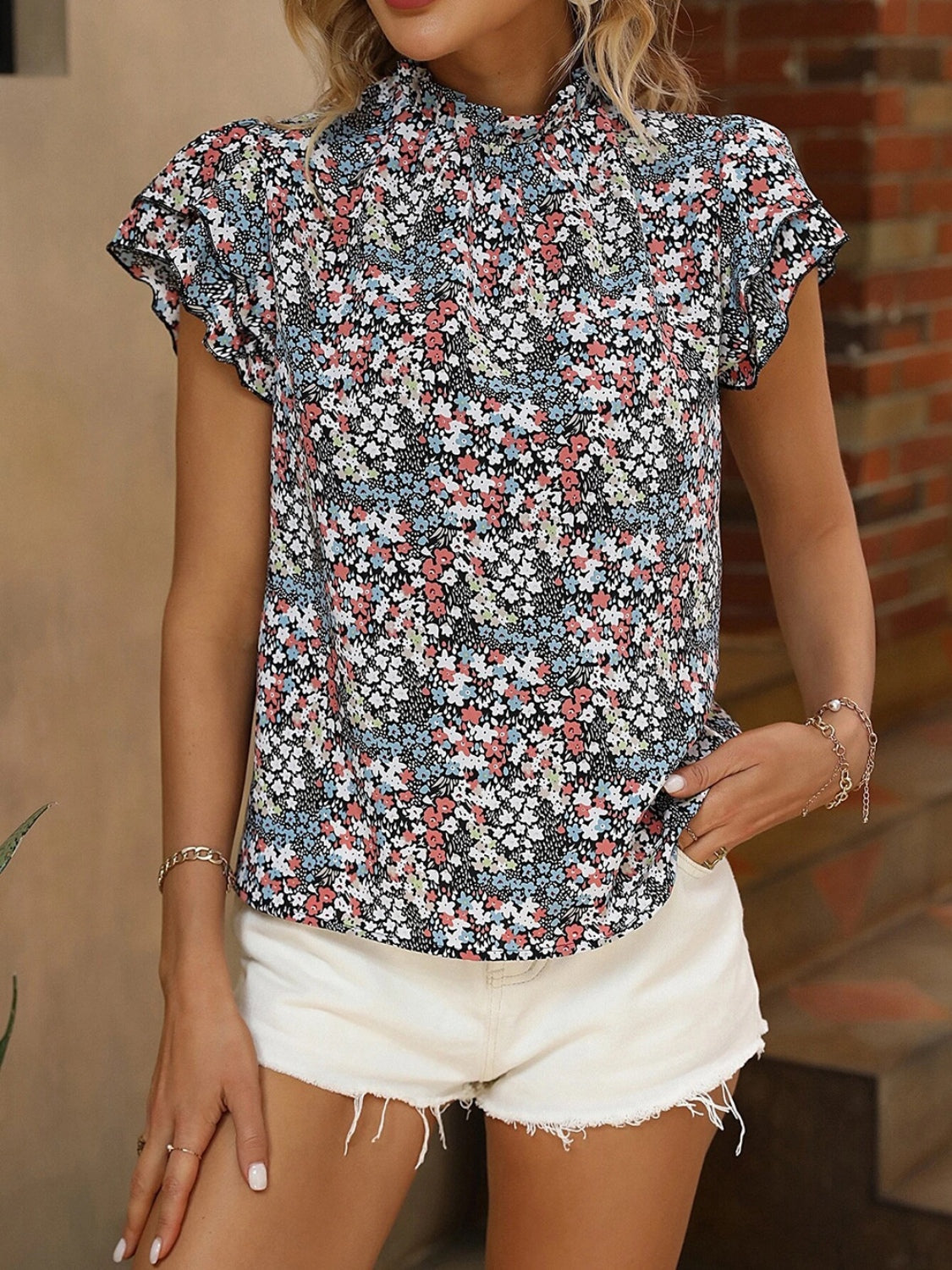 Honeybee Mumford's Floral Mock Neck Cap Sleeve Blouse