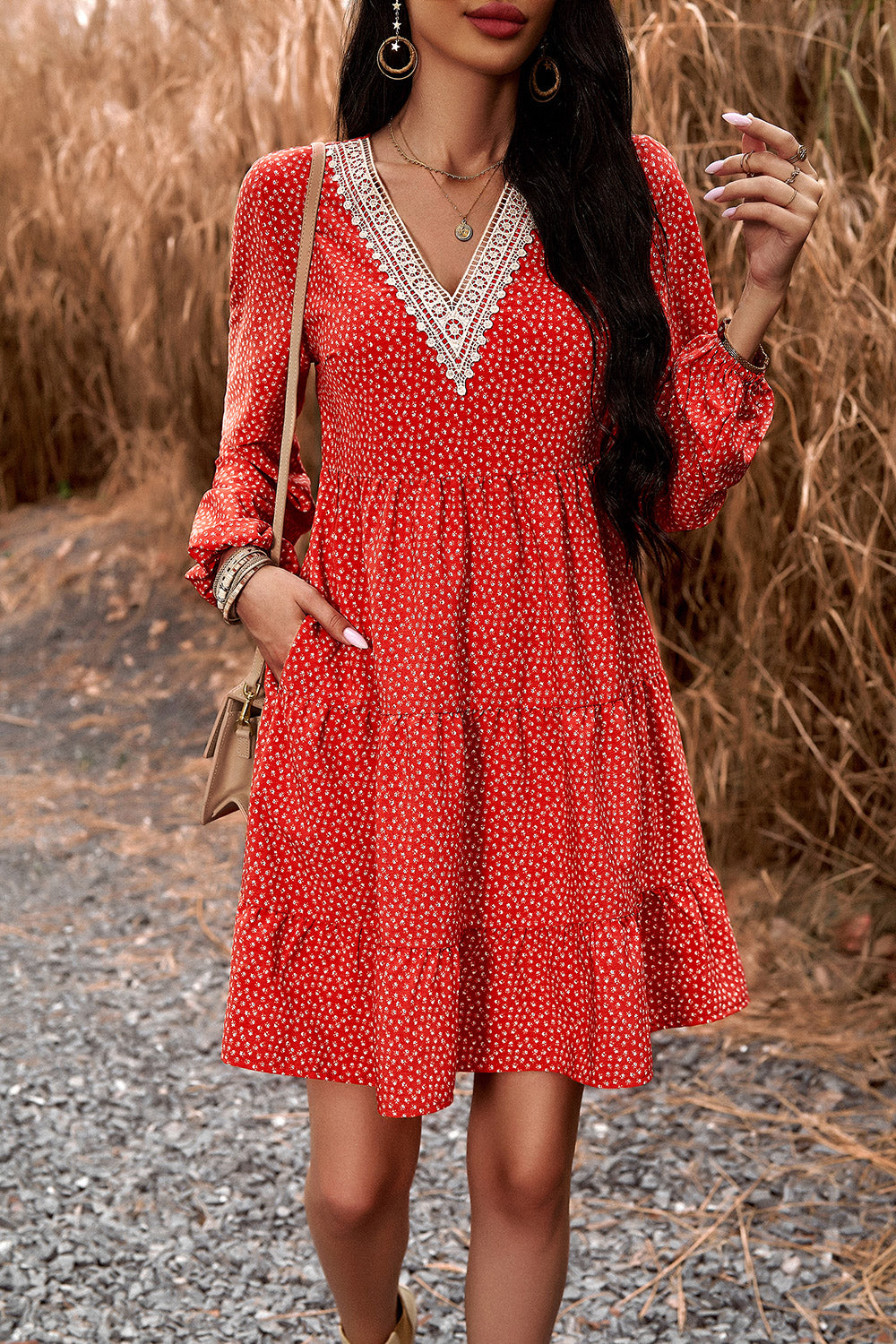 Honeybee Mumford's Lace Trim V-Neck Long Sleeve Dress