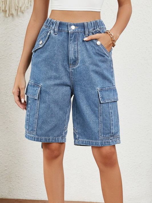 Honeybee Mumford's Buttoned Elastic Waist Denim Shorts with Pockets