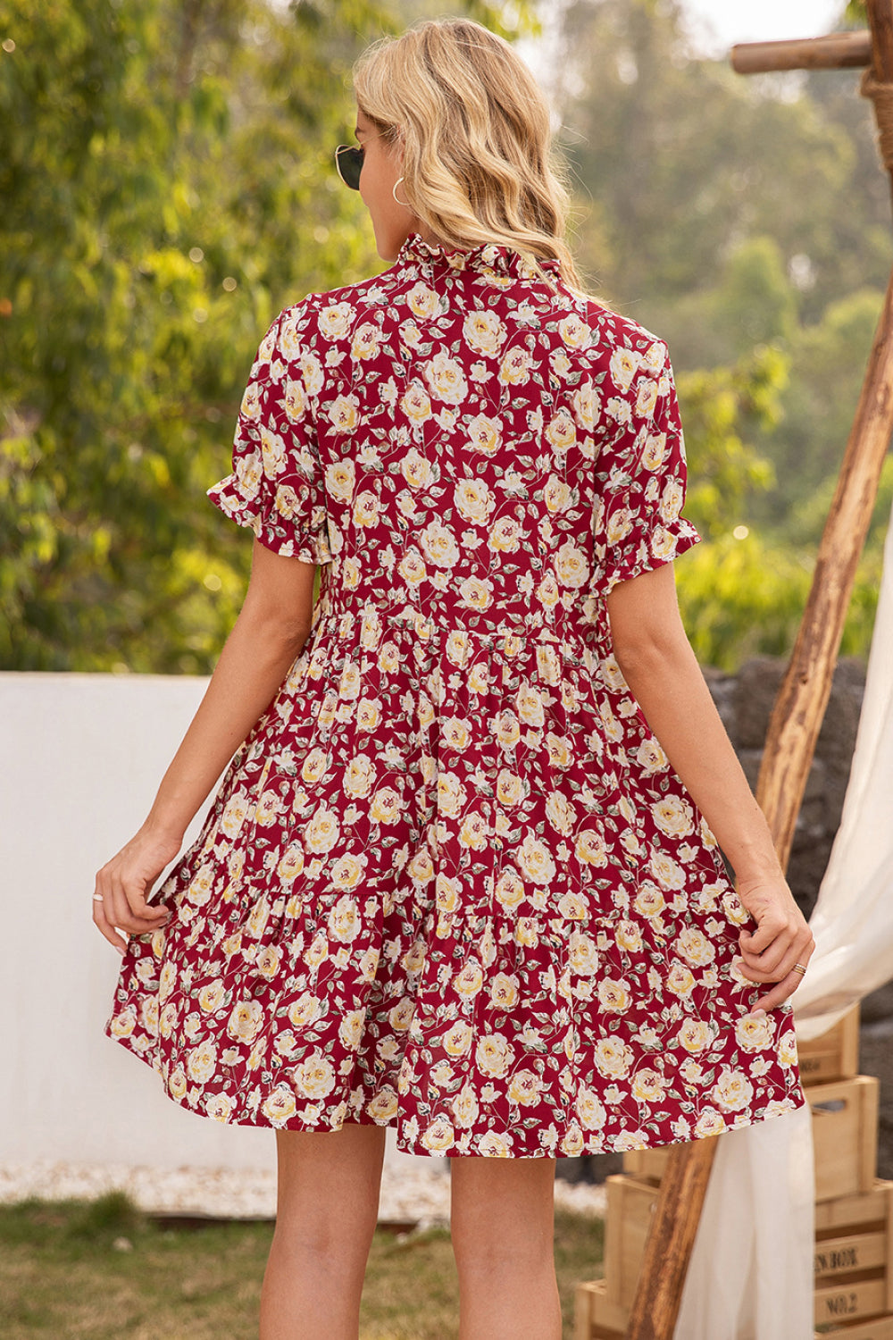 Honeybee Mumford's Floral Ruffle Trim Tie-Neck Dress