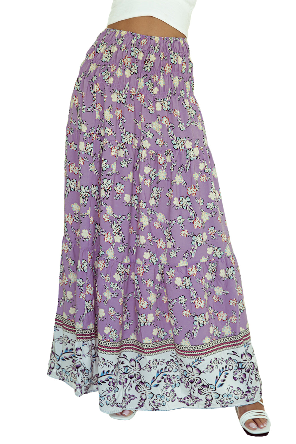 Honeybee Mumford's Purple Floral Print Shirred High Waist Maxi Skirt