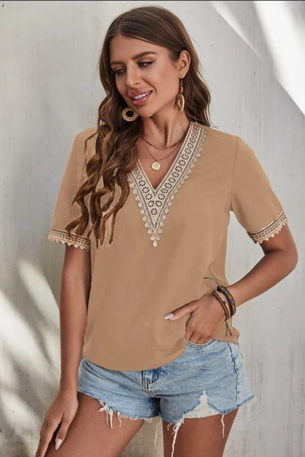 Honeybee Mumford's Lace Detail V-Neck Short Sleeve Blouse