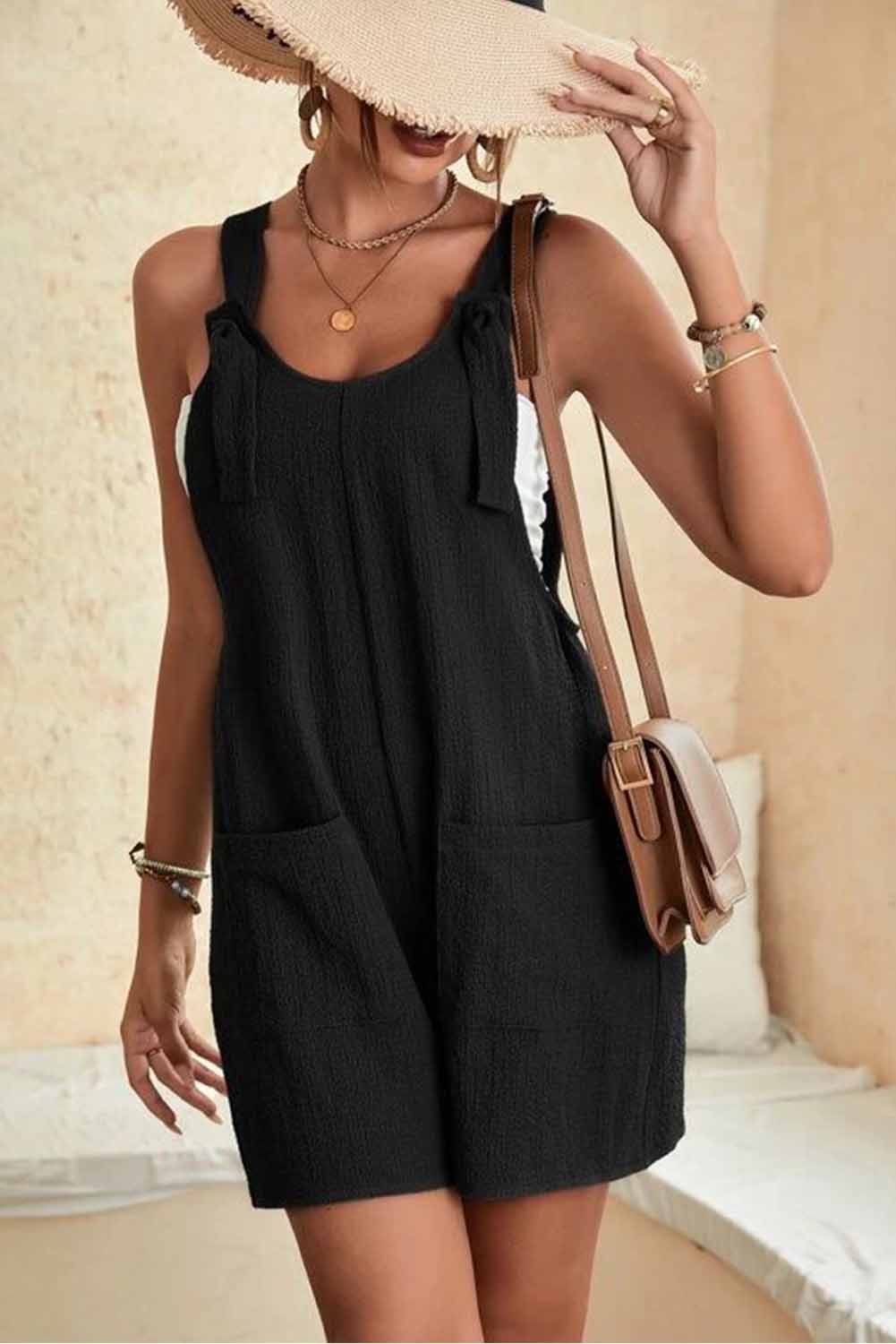 Honeybee Mumford's Black Adjustable Straps Pocketed Textured Romper