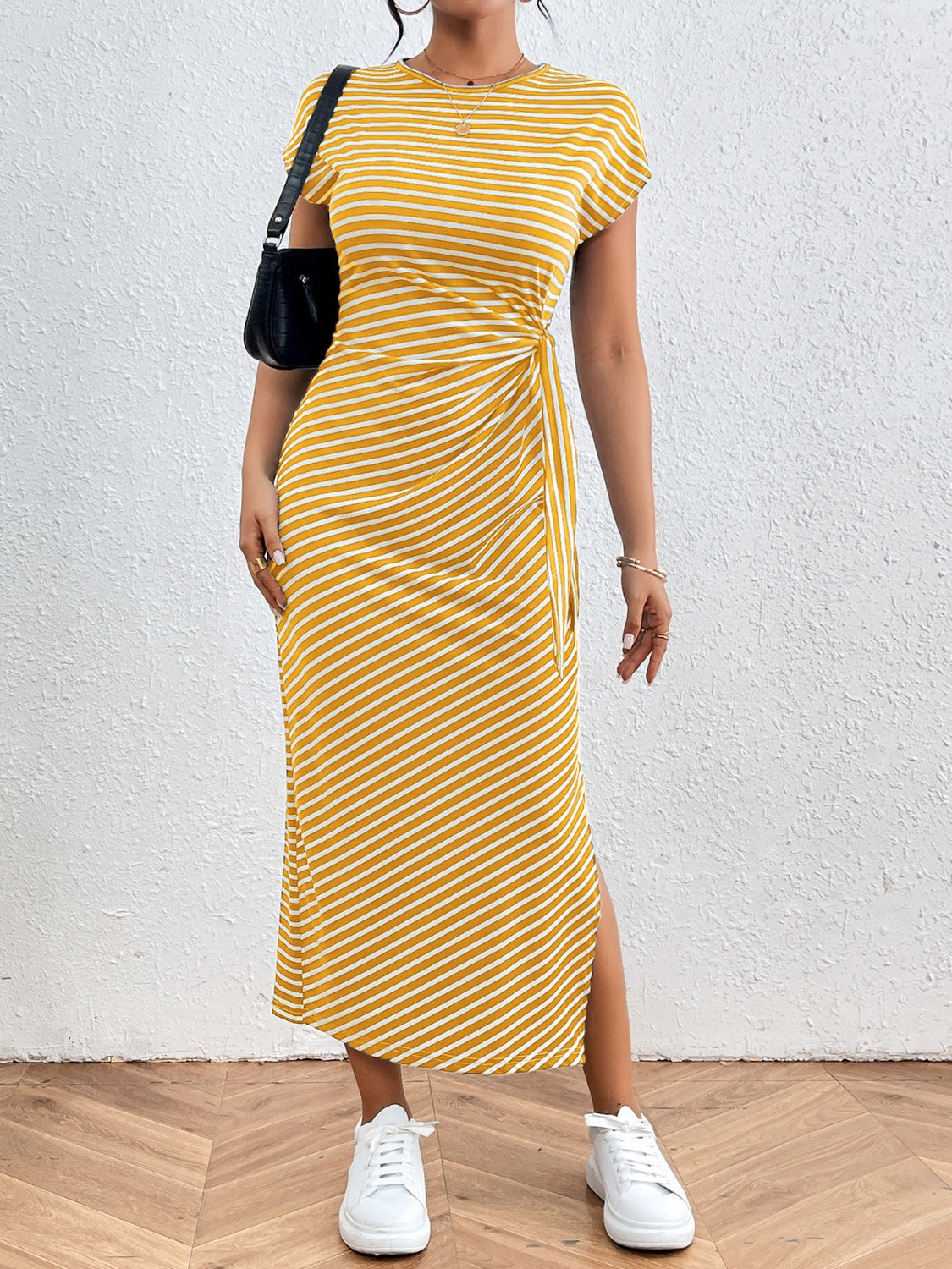 Honeybee Mumford's Tied Striped Round Neck Short Sleeve Tee maxi Dress