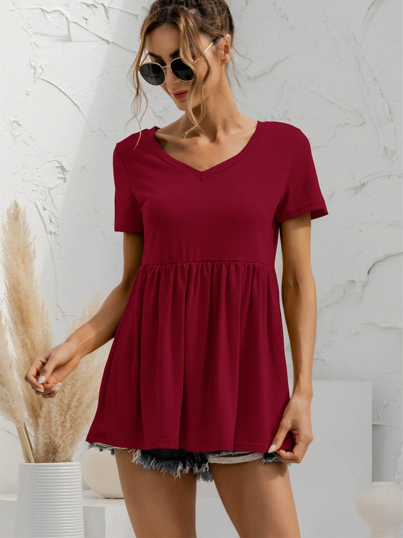 Honeybee Mumford's V-Neck Short Sleeve Babydoll Top