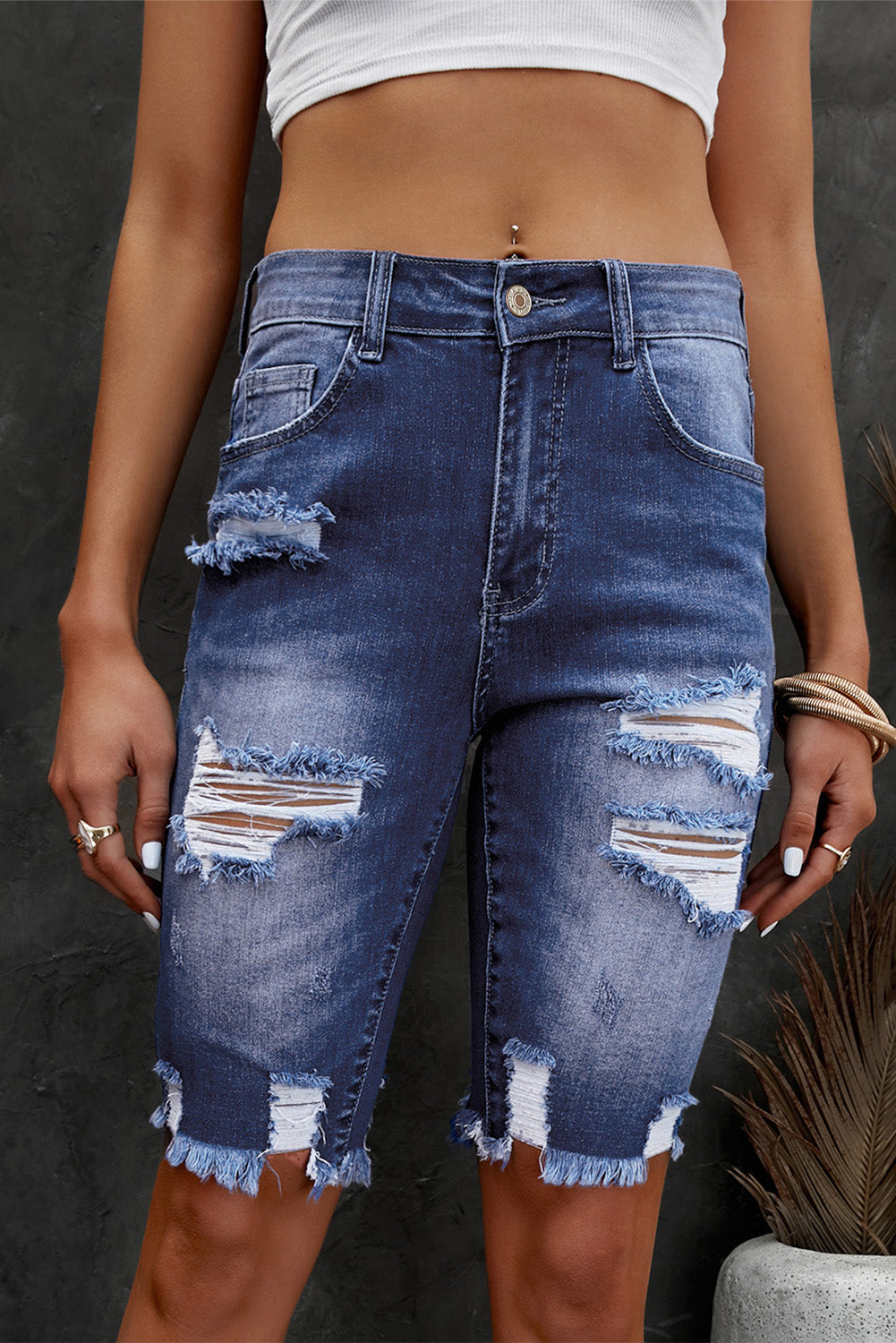 Honeybee Mumford's Distressed Frayed Hem Denim Bermuda Shorts