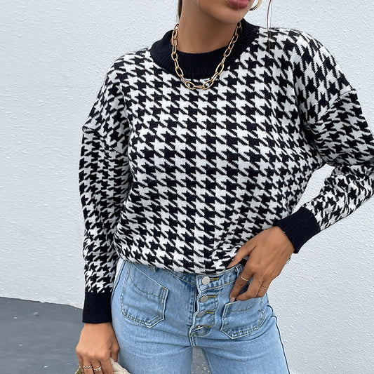 Honeybee Mumford's Houndstooth Round Neck Drop Shoulder Sweater