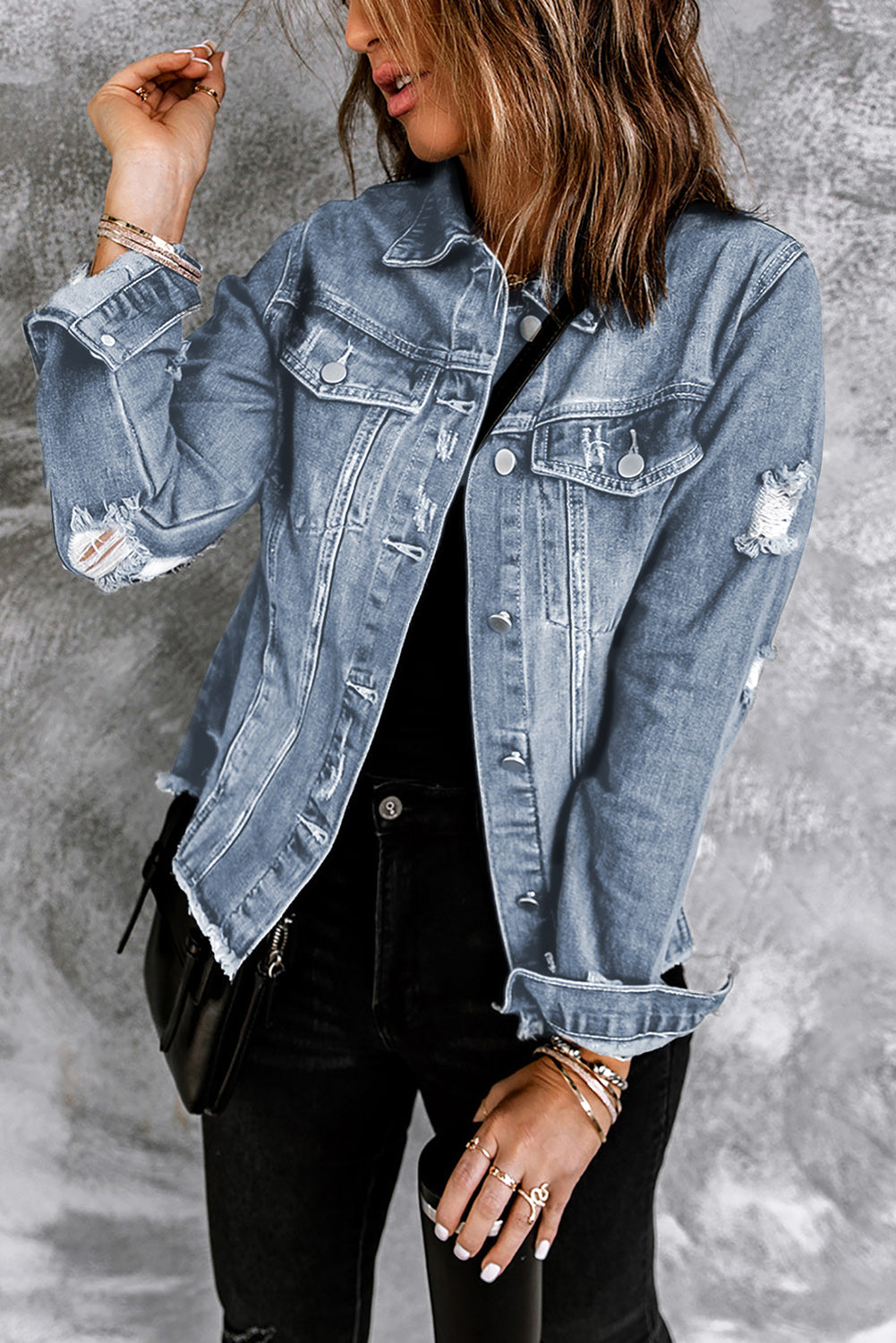 Honeybee Mumford's Blue Lapel Distressed Raw Hem Buttons Denim Jacket